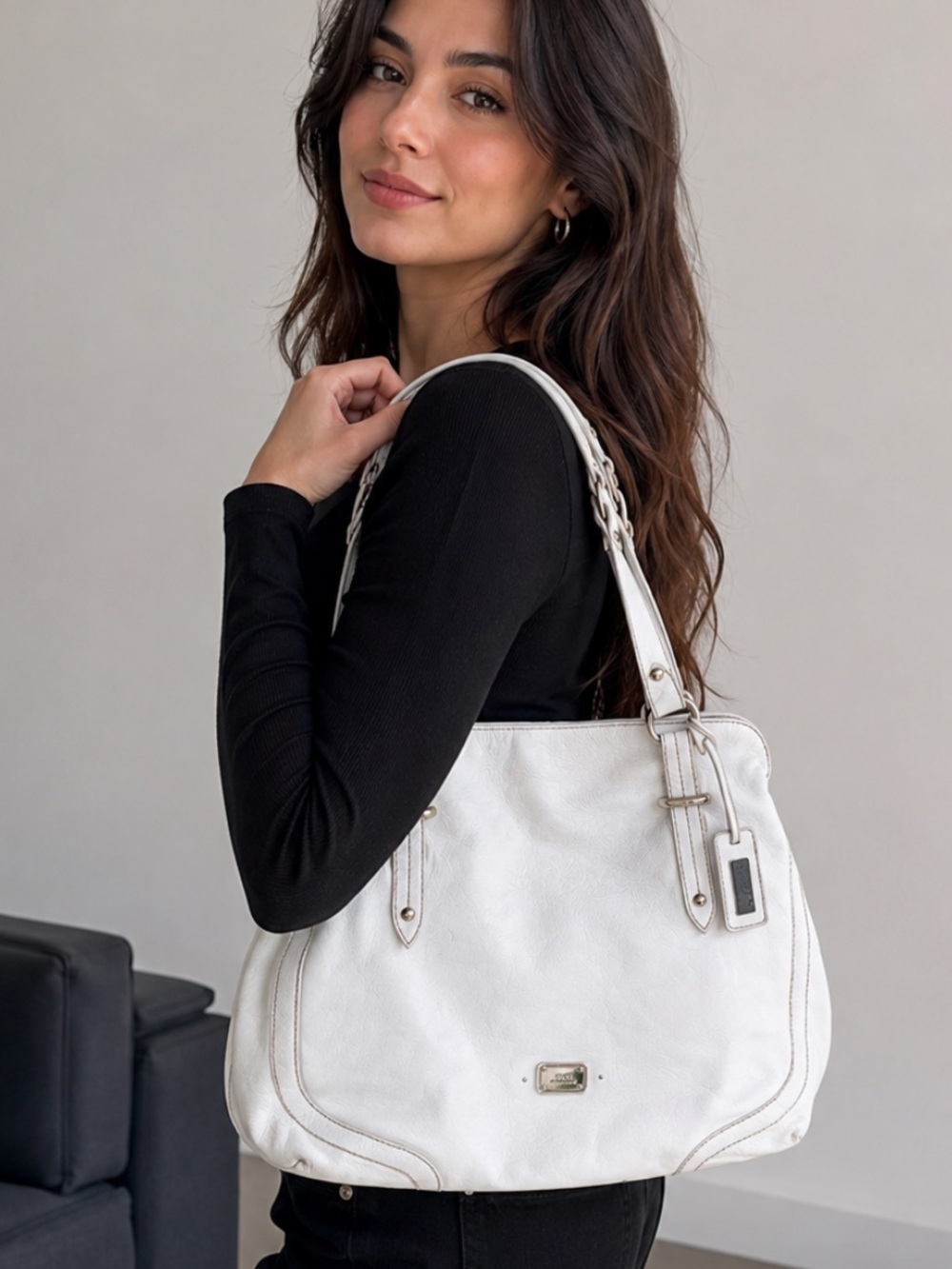The Sak Shoulder Bag Womens Ivory Pebbled
Leather Satchel Braided Strap